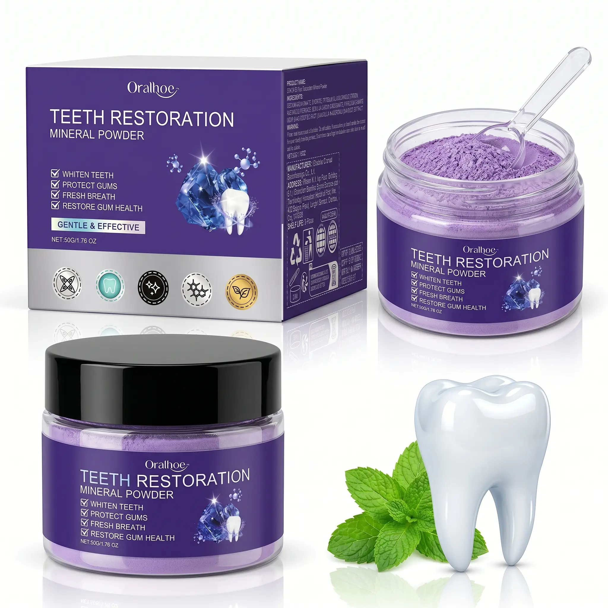 Purple Mineral Tooth Powder, Gentle Oral Care Powder for Brighter-Looking Smile, Fresh Breath & Teeth Cleaning,Daily Oral Care, Fresh Mint Flavor, Surface Stain Care, Travel-Friendly Oral Care, 1.76 oz