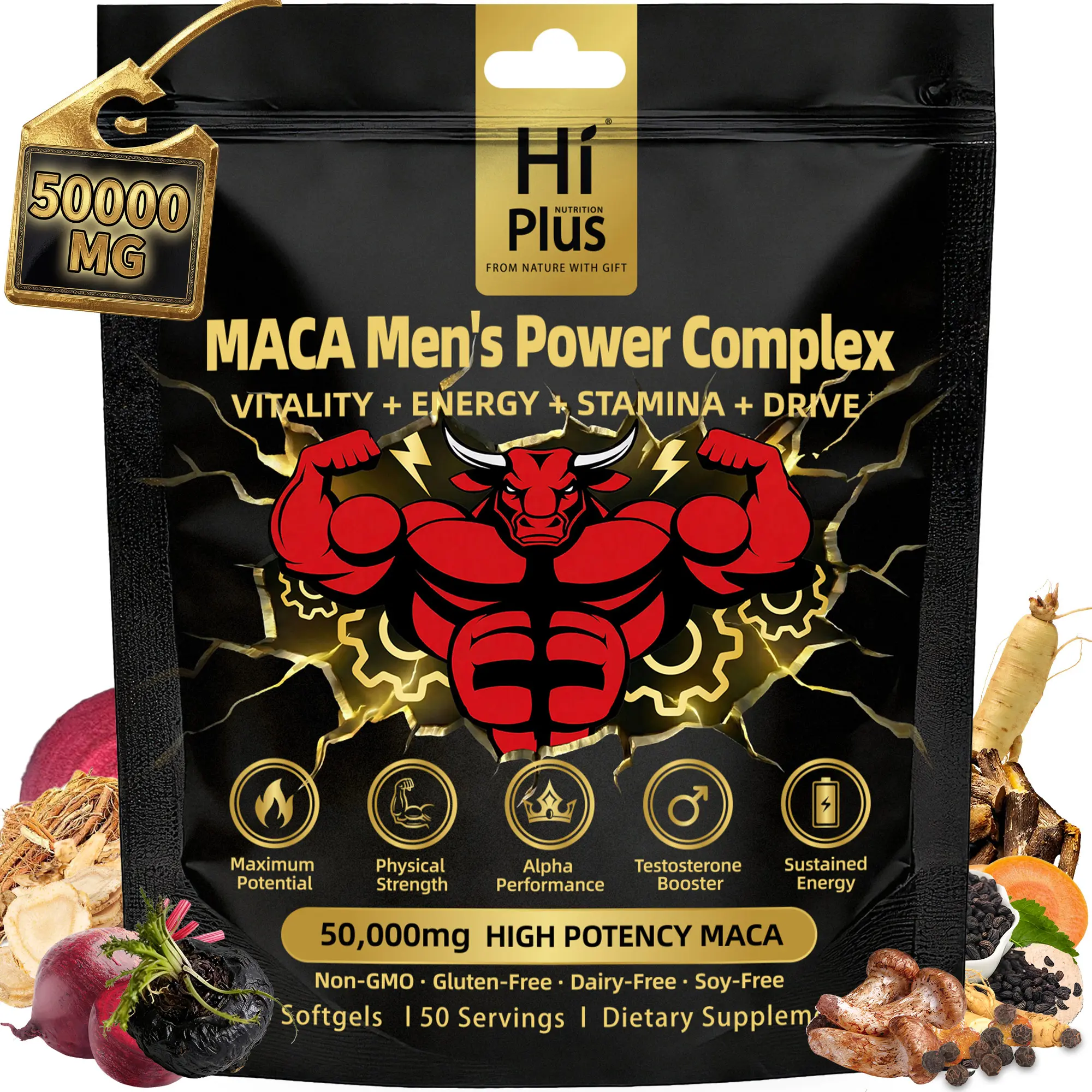 HiPlus Men‘s Testosterone Boosters Power Complex Support  with Shilajit,Maca,Ashwagandha & Ginseng | Energy, Stamina & Focus - Supports Testosterone 150/300 Softgels Summervibes