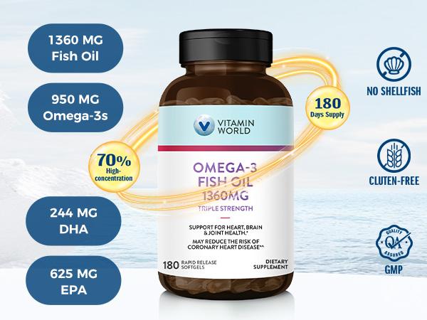 Vitamin World Triple Strength Omega-3 Fish Oil 1360mg, Fish Oil Supplements from Deep Water Fish with Fatty Acid DHA & EPA 60&120 Softgels