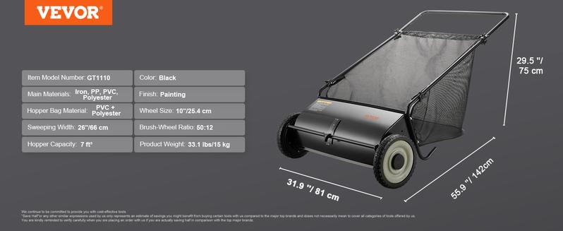 VEVOR Push Lawn Sweeper, TikTokShopBlackFriday, 26 Inch Leaf & Grass Collector, Strong Rubber Wheels & Heavy Duty Thickened Steel Durable to Use with Large Capacity 7 ft³ Mesh Collection Bag, 4 Spinning Brushes