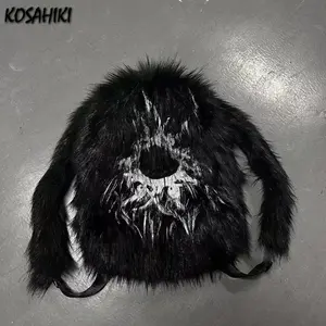 Vintage Print Fluffy Backpack Personality Y2k Aesthetic Fashion Schoolbags Women Casual Harajuku Streetwear All Match Backpacks