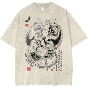 Men's street brand with an urban style, this t-shirt showcases anime girl and rose designs with kanji calligraphy, perfect for casual outdoor wear. This T-shirt has a vintage heavy texture with a double-sided print.