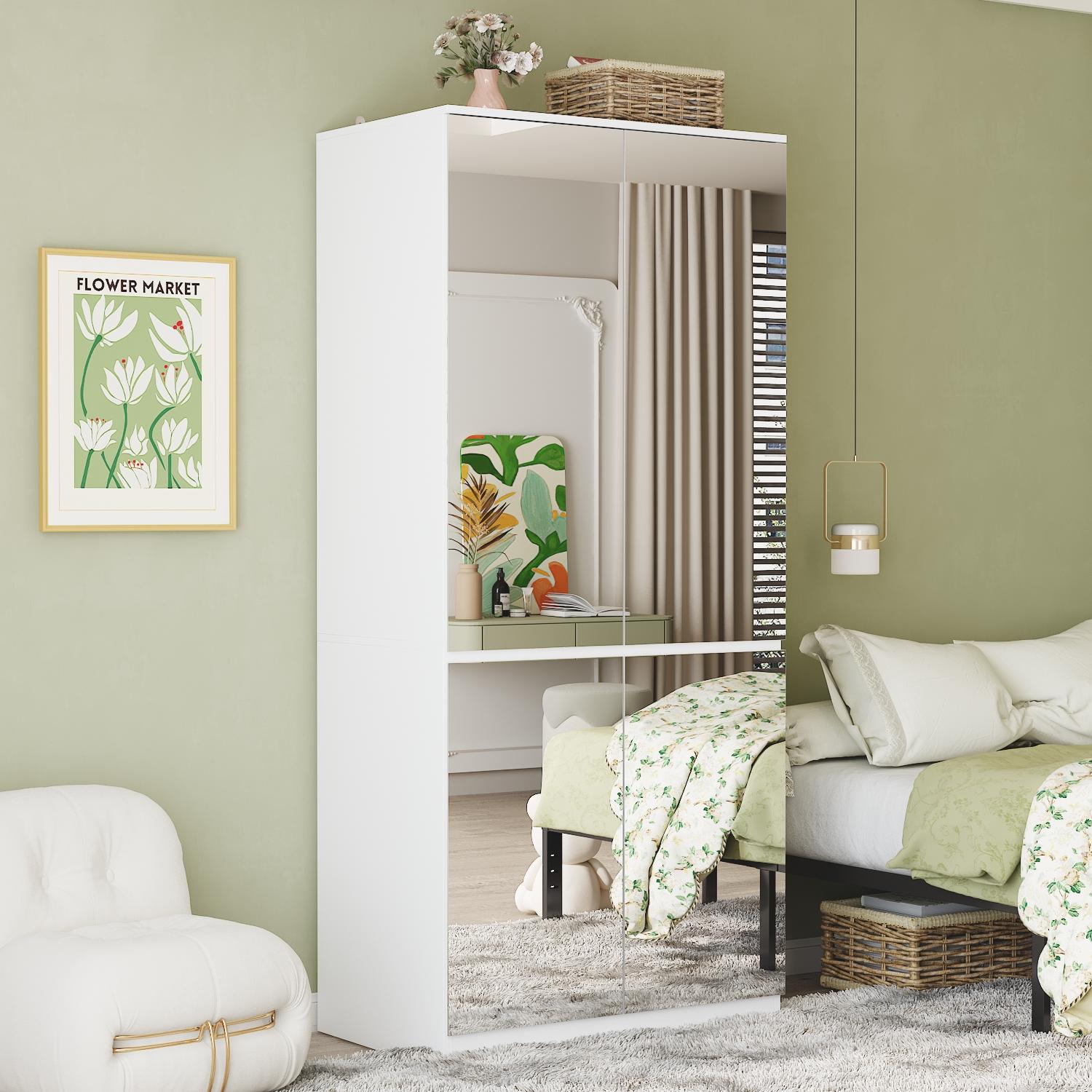 FUFU&GAGA 3 Types Mirror Wardrobe Armoire with Drawers Closet Glass Full Length Mirror Doors Drawers & Hanging Rod Clothes Storage Cabinet for Bedroom