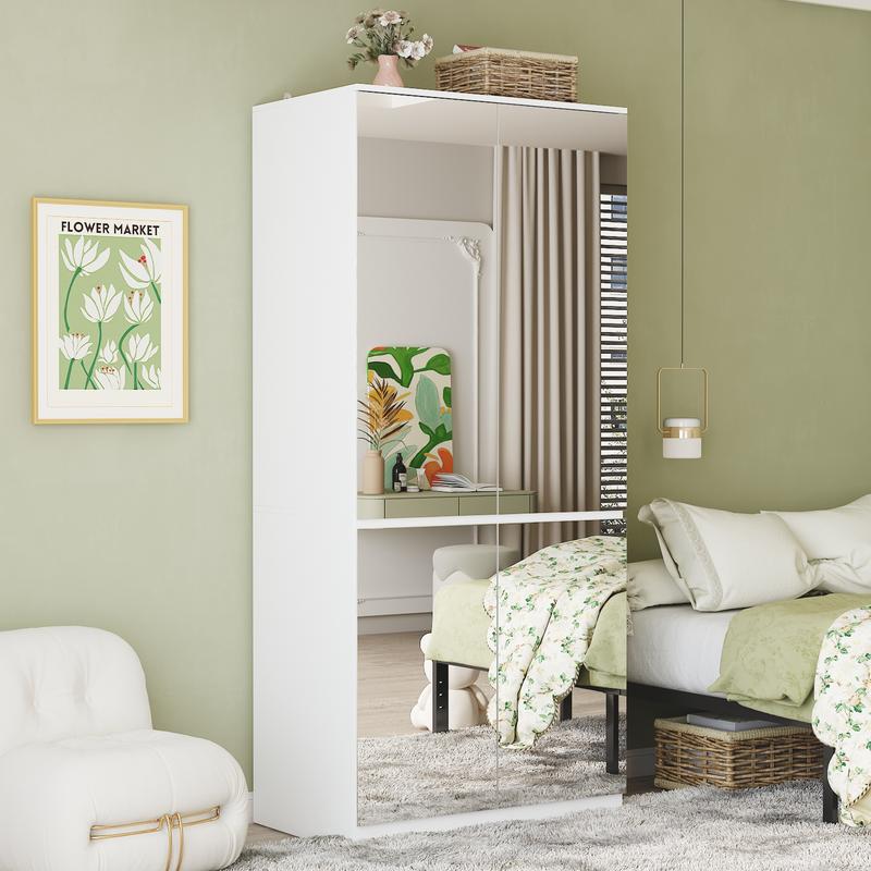 FUFU&GAGA 3 Types Mirror Wardrobe Armoire with Drawers Closet Glass Full Length Mirror Doors Drawers & Hanging Rod Clothes Storage Cabinet for Bedroom