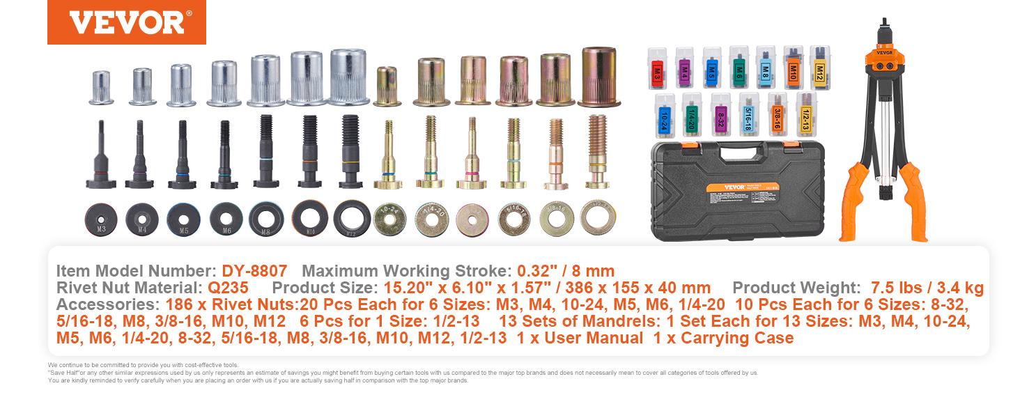 VEVOR Rivet Nut Tool, TikTokShopBlackFriday, 16 inch Rivnut Tool Kit with 13PCS Metric and SAE Mandrels & 186PCS Rivet Nuts, Semi-auto Retraction, M3, M4, M5, M6, M8, M10, M12, 1/4-20, 5/16-18, 3/8-16, 1/2-13, 8-32, 10-24  VEVOR Super Brand Day