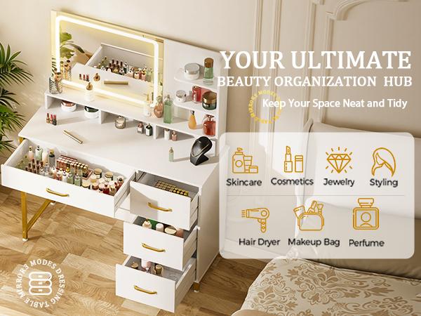 COMHOMA Vanity Desk with Mirror and Lights Makeup Vanity Table with 4 Drawers & Storage Shelves Large HD Mirror 3 Color Modes & Adjustable Brightness Modern Dressing Table for Bedroom Pearl White