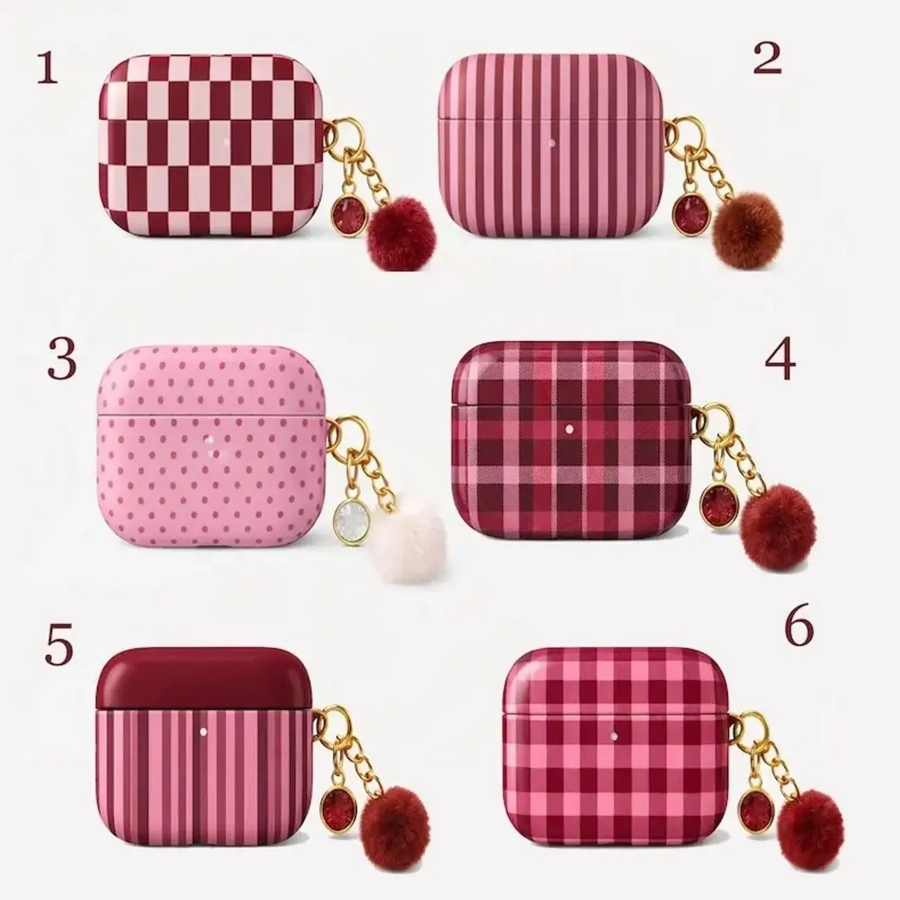 Pink & Burgundy Plaid/Gingham/Stripe/Polka Dot Pattern Airpods Cases, For Airpod Gen 1 2 3 4 Cover and AirPods Pro 1 2 3, Shockproof Accessories Gift