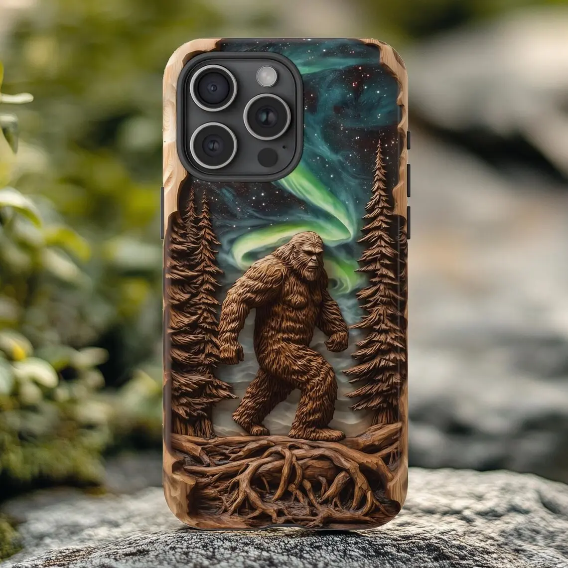 Bigfoot Phone Case |   Wood Carved illusion |   Sasquatch Forest Art with Northern Lights - Case Phone for Men (Women), Tough Case - Tough Case - Case for iP 16 15 14 13 12 11 X Promax Plus - S26 S25 S24 S23 S22 Ultra
