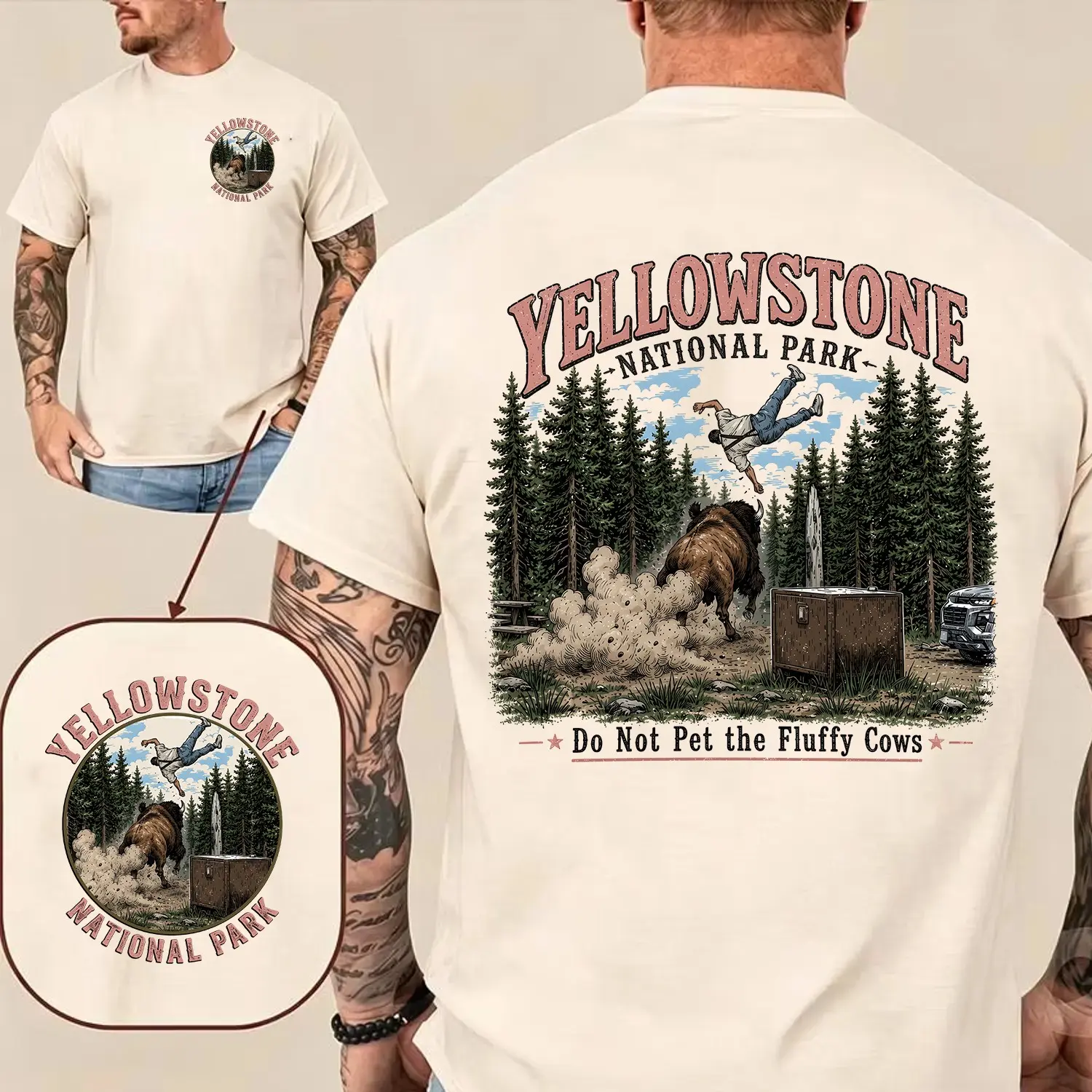 Comfort Colors Yellowstone National Park 2 Sides  |    Do Not Pet The Fluffy Cows |   Bison, Mountains & Trees Nature |   Yellowstone National Park Bison Toss Incident summer t shirt