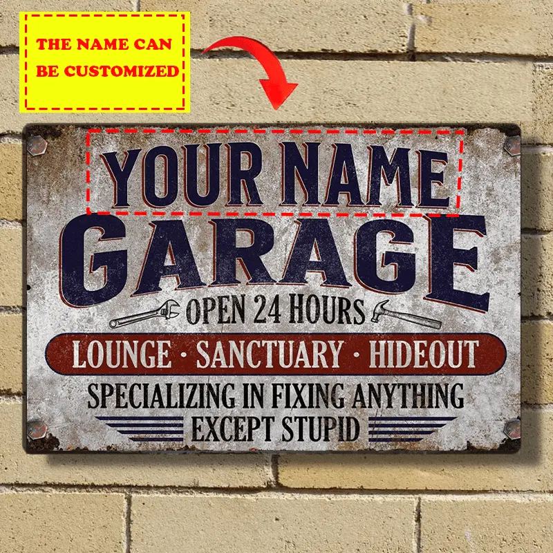 Customizable Retro Vintage Metal Garage Sign - Personalized Classic Name Plaque, 8x12in Rectangular High-Gloss Aluminium Home Decor, Scratch-Resistant, Water-Resistant Art, Man Cave Gift