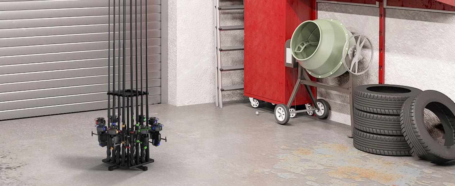 Carbon Steel 360° Rotating Fishing Rod Holder for Garage Holds 16 Rods Easy Install Space Saving Sturdy Rack Organizer for Men Black Bracket Shelf
