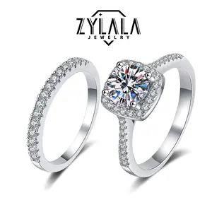 [245] 0.5/1/2CT Synthetic Moissanite Square Ring + Eternity-band Set Square Halo Design 925 Sterling Silver Promise Ring Engagement Wedding Gift