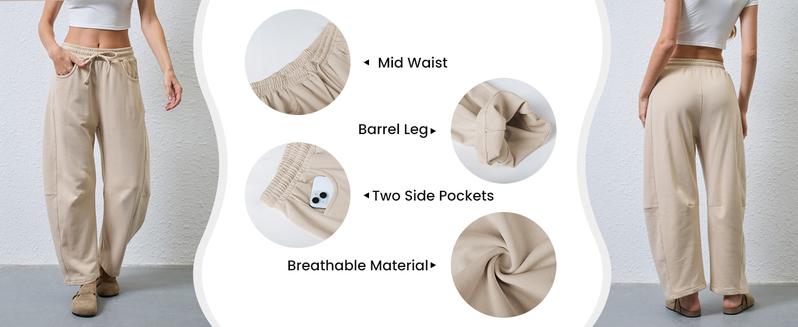 Tanming Women's Barrel Leg Pants Basic or Fleece Lined Elasticated Waist and Soft Wide Leg Pants with Pockets Casual All-Season Sweatpants