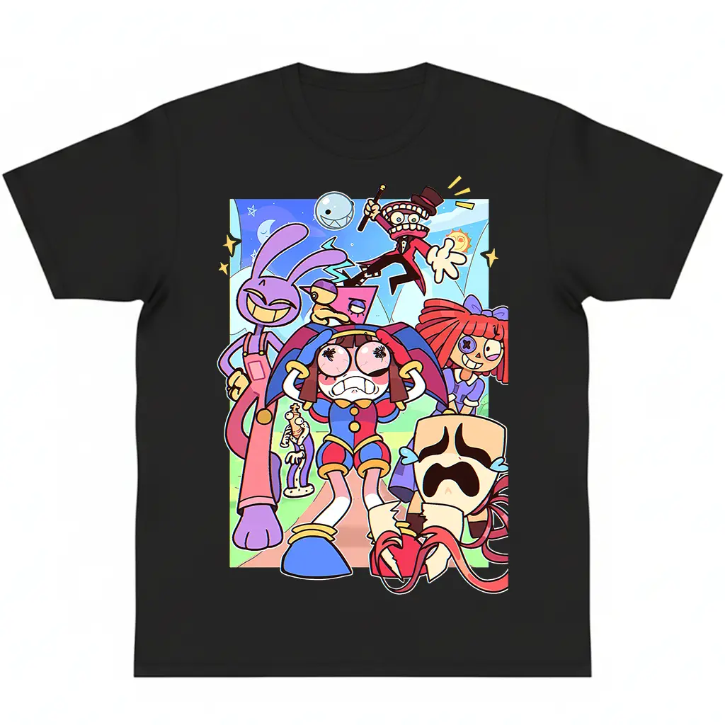 Surreal Circus Inspired Graphic Tee Trippy Digital Character Style Whimsical Cartoon Aesthetic T-shirt Unisex y2k cotton fashion Streetwear Casual Top Trending