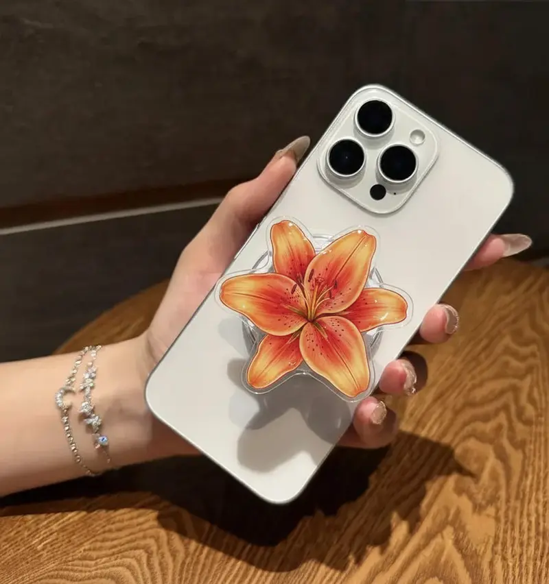 Elegant Pink Lily Flower MagSafe Phone Grip – Magnetic Pop Socket