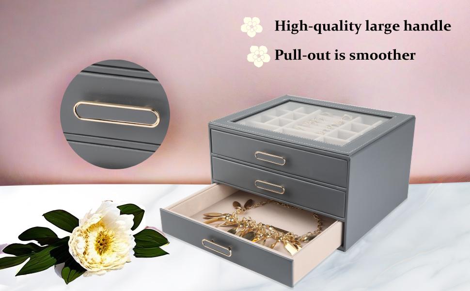BOOVO 3-Tier Large Jewelry Box Organizer with Transparent Lid, Anti-Tarnish Velvet Lining Jewelry Case, High-End PU Leather Vanity Storage, Light Luxury Gift for Her