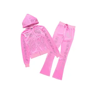 Doniqua Pink Rhinestone Velour Stacked Track Set