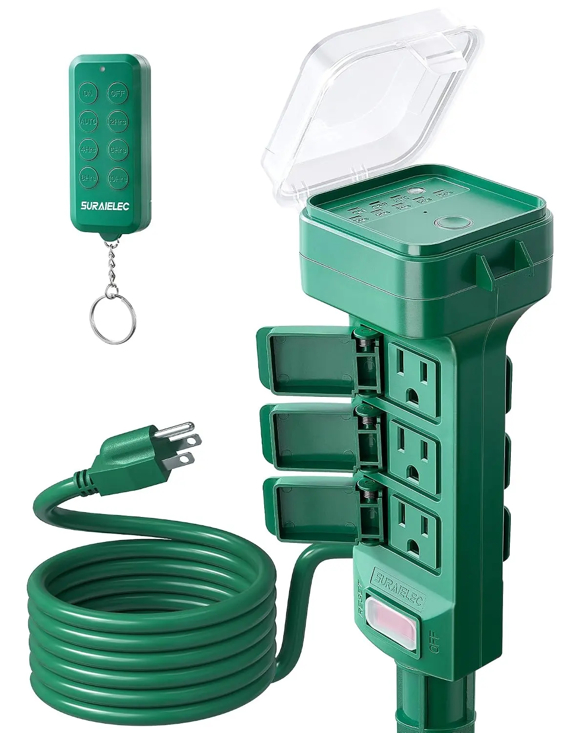 SURAIELEC Waterproof Outdoor Power Stake Timer - 100FT Wireless Remote Control, Dusk-to-Dawn Function, 6 Grounded Outlets, 6FT Power Strip for Christmas Lights, Garden Use