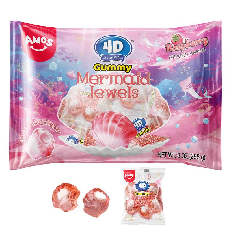 Amos 4D Gummy Mermaid Jewels - Blue Raspberry Flavor, Jelly-Filled Chewy Fruit Snacks, Gluten-Free, Resealable Bags, Healthy Exotic Sweet Treats - Bite