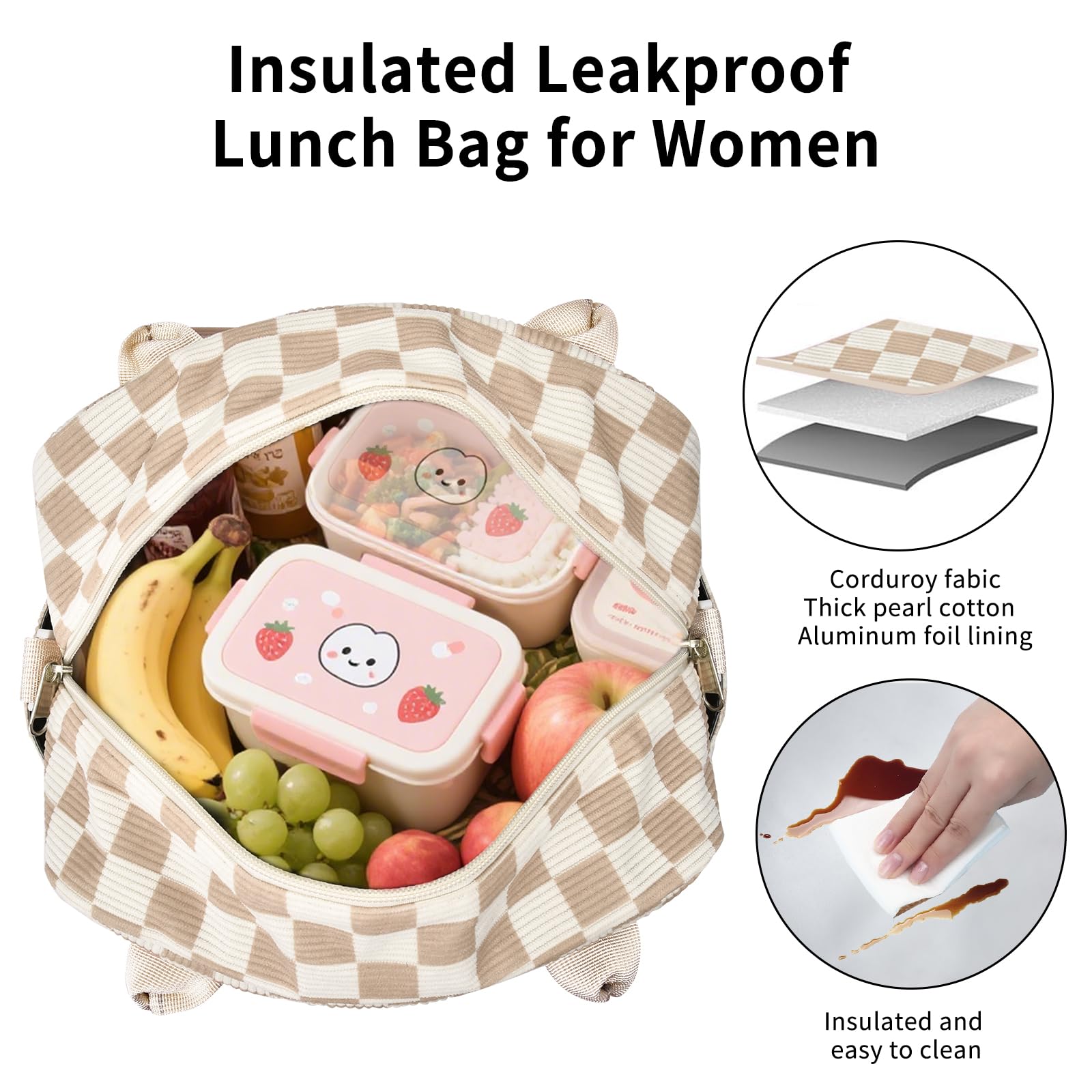 Lunch Box for Women Insulated Lunch Bag Cute Corduroy Lunch Tote Bags Lightweight Reusable Leakproof Cooler Bag with Adjustable Shoulder Strap for Work Office Travel Picnic (Checkered)