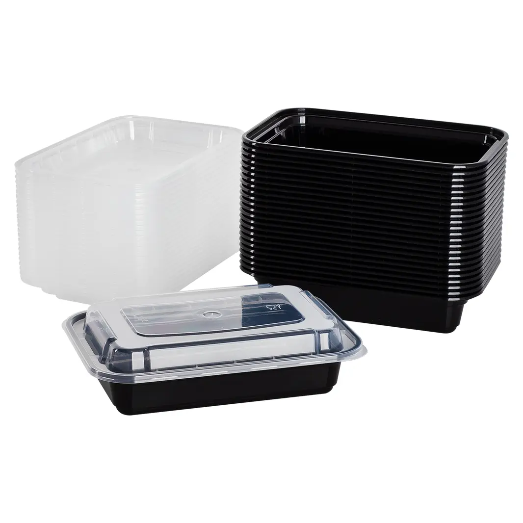 150 sets - 12/16/24/28/30/32/38oz PP Injection Molded Microwaveable Rectangular Black Food Containers with lids