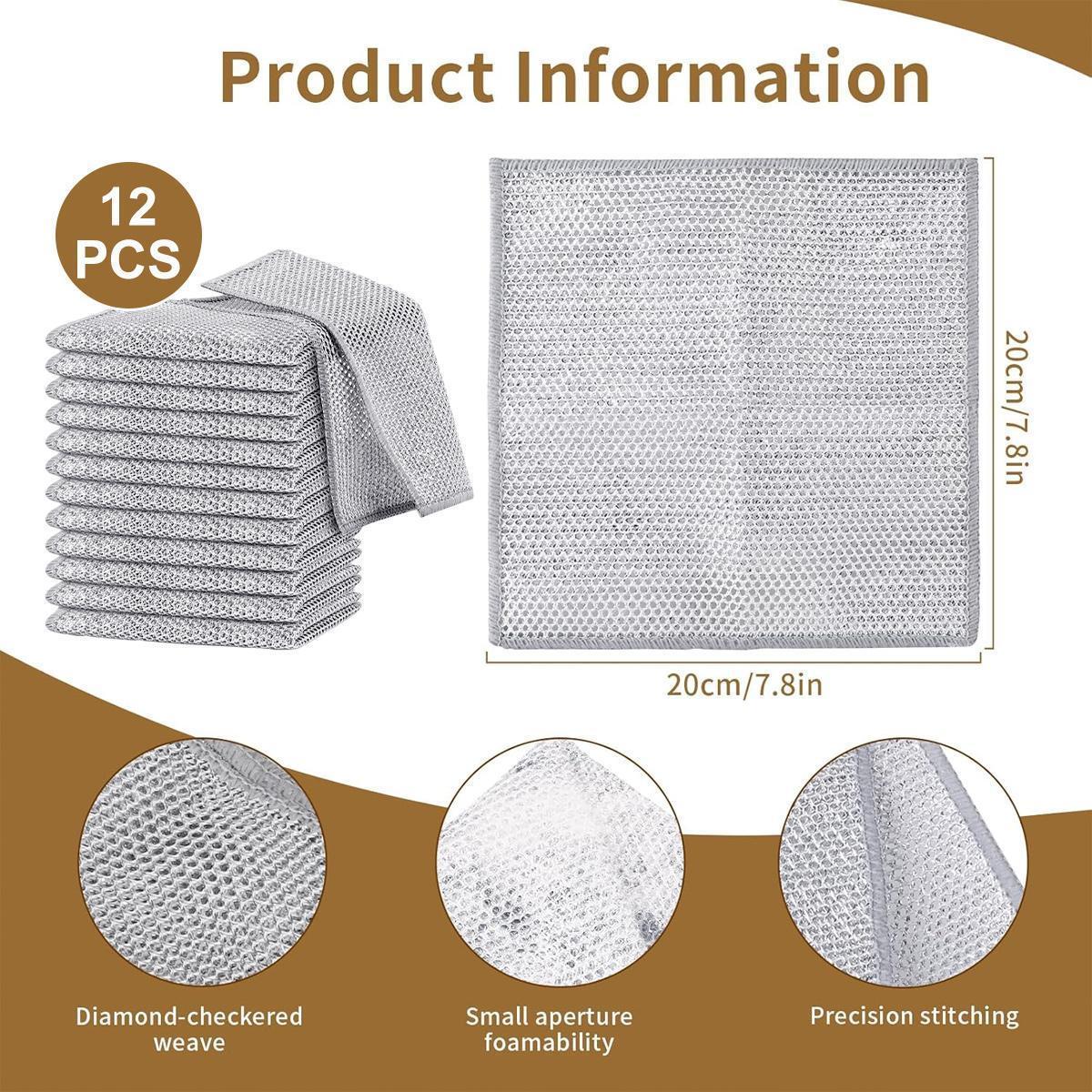 12 Counts Dishwashing Rags,Multipurpose Non-Scratch Wire Dishcloths for Wet and Dry Use, Reusable Wire Cleaning Cloths for Kitchen,Sinks,and Pans Silver Removable, Washable & More