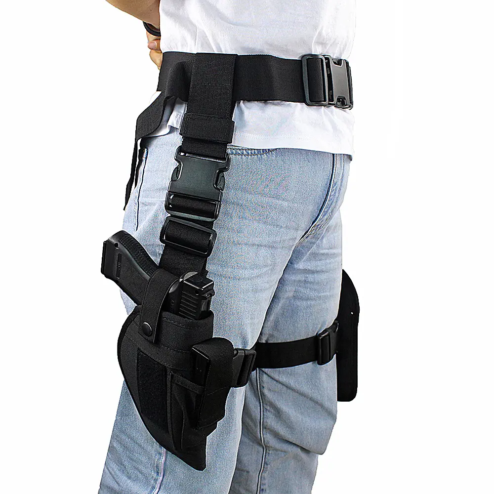 Black Universal Leg Holster Set - Right-Handed Tactical Thigh Rig with Adjustable Belt, Triple Magazine Pouch, Quick-Release, Thigh Strap, Hook & Loop for Airsoft Pistols, Outdoor Hunting