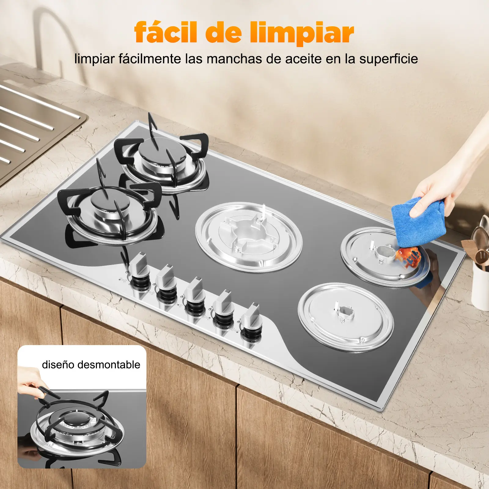 Built-In Gas Stove Cooktop - 2025 Popular Rectangular 5-Burner Home Kitchen Model with 180° Fire Control, Electronic Pulse Ignition, 63% Thermal Efficiency, LPG/NG Compatibility for Family Use