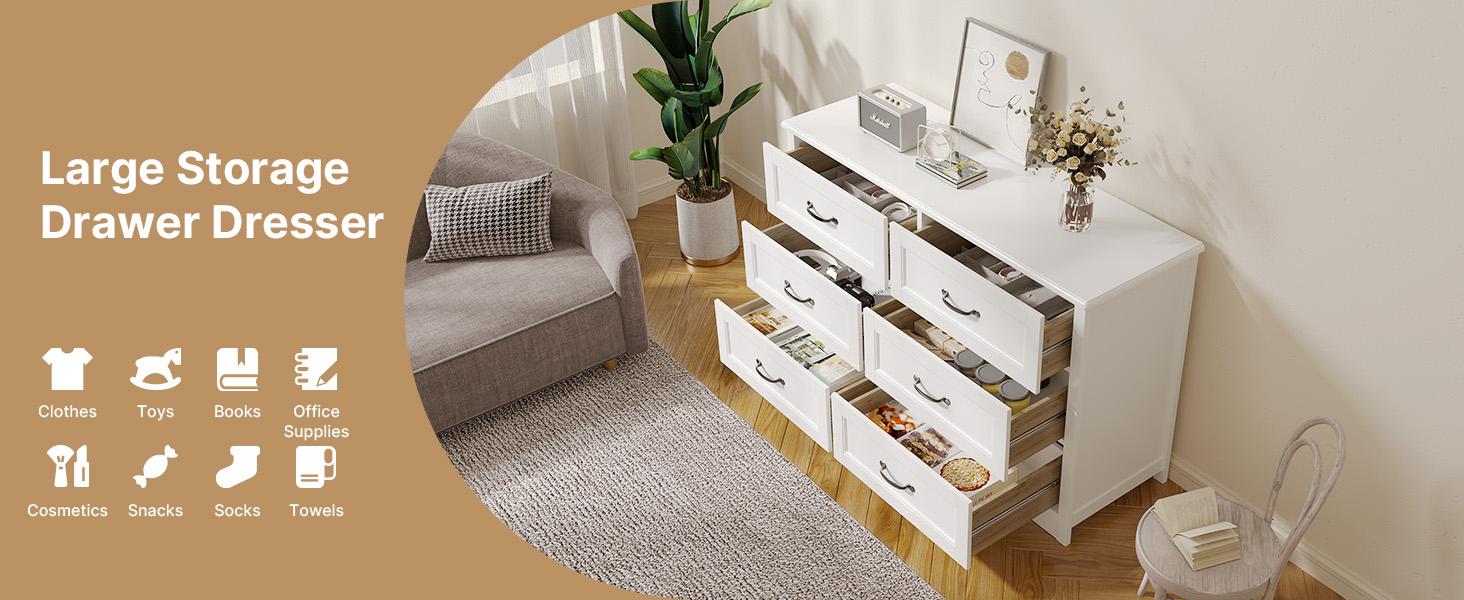 Gizoon 6 Drawer Dresser for Bedroom 47'' Larger Chest of Drawers with Mental Handle for Kids Room Dresser with 6 Storage Drawers for Living Room Entryway and Hallway Girl Apartment Furniture Space-Saving