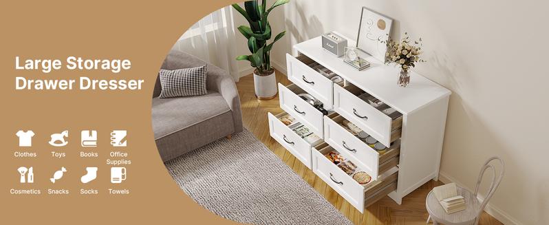 Gizoon 6 Drawer Dresser for Bedroom 47'' Larger Chest of Drawers with Mental Handle for Kids Room Dresser with 6 Storage Drawers for Living Room Entryway and Hallway Girl Apartment Furniture Space-Saving