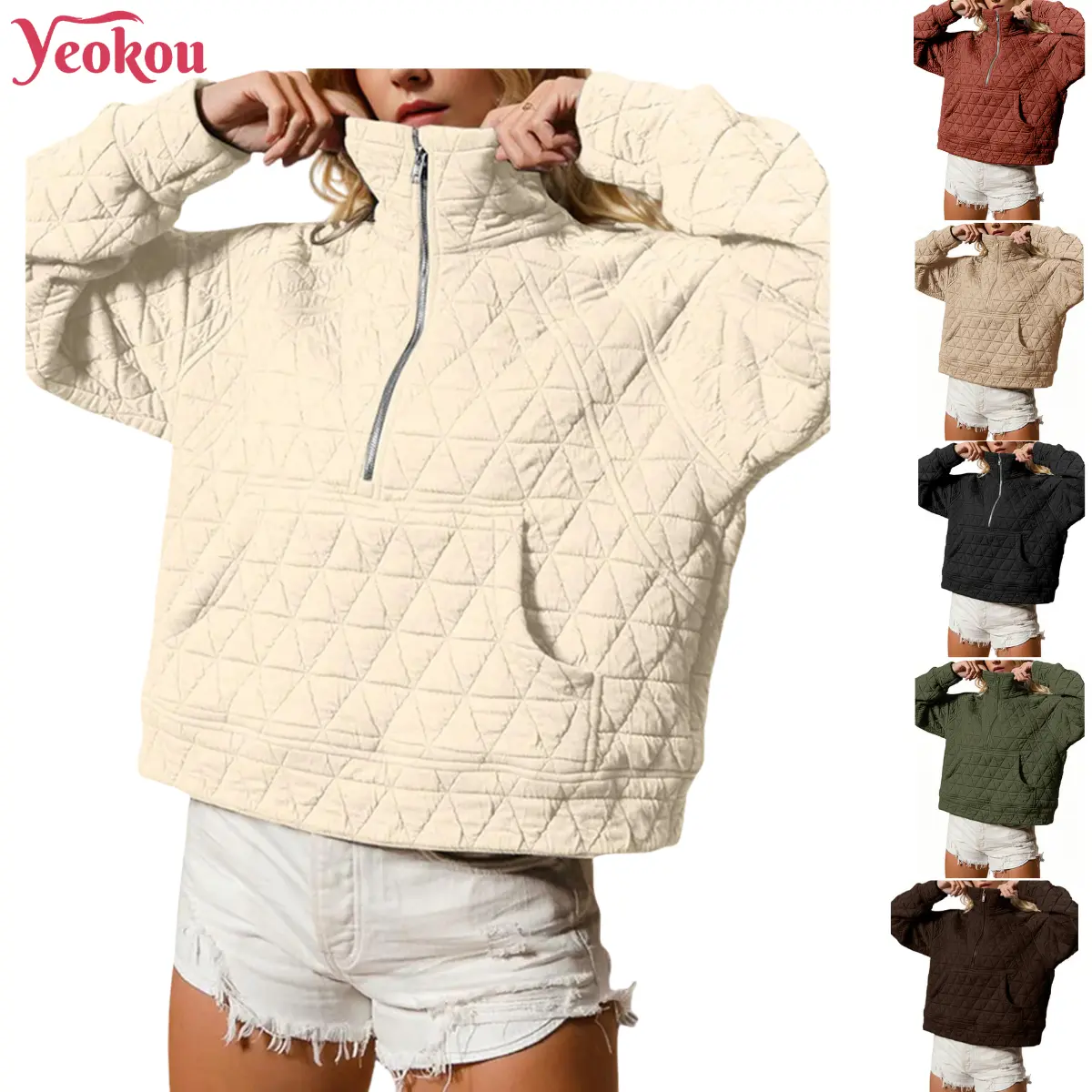 Yeokou Women's Baggy High Neck Puffer Pullover, Diamond Quilted with Half Zipper Front and Kangaroo Pocket, Chic, Retro