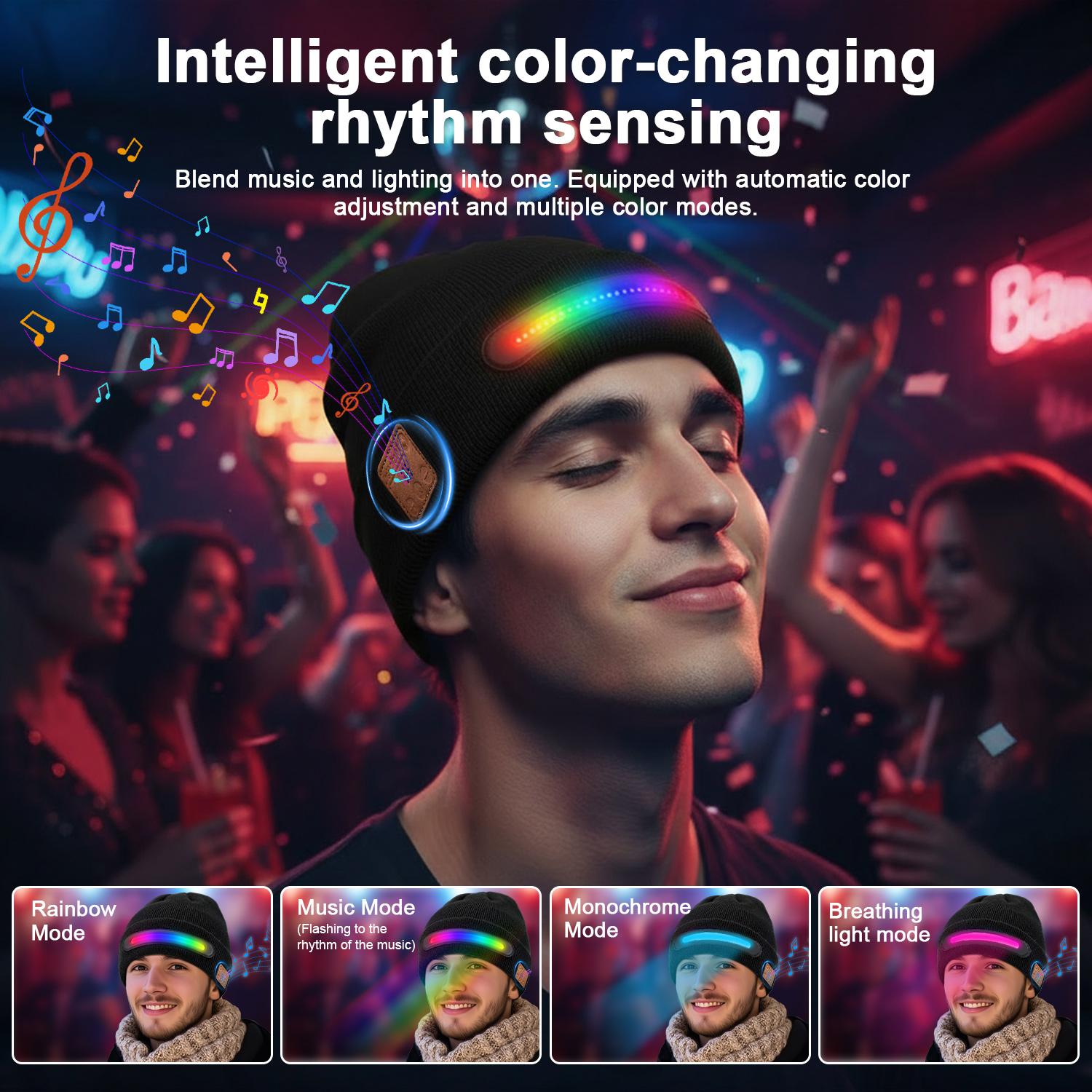 Bluetooth Beanie with a Light, Unisex USB Rechargeable 4 LED Fashlight Hat with Cordless Headphones, Unique Christmas Gifts - Black