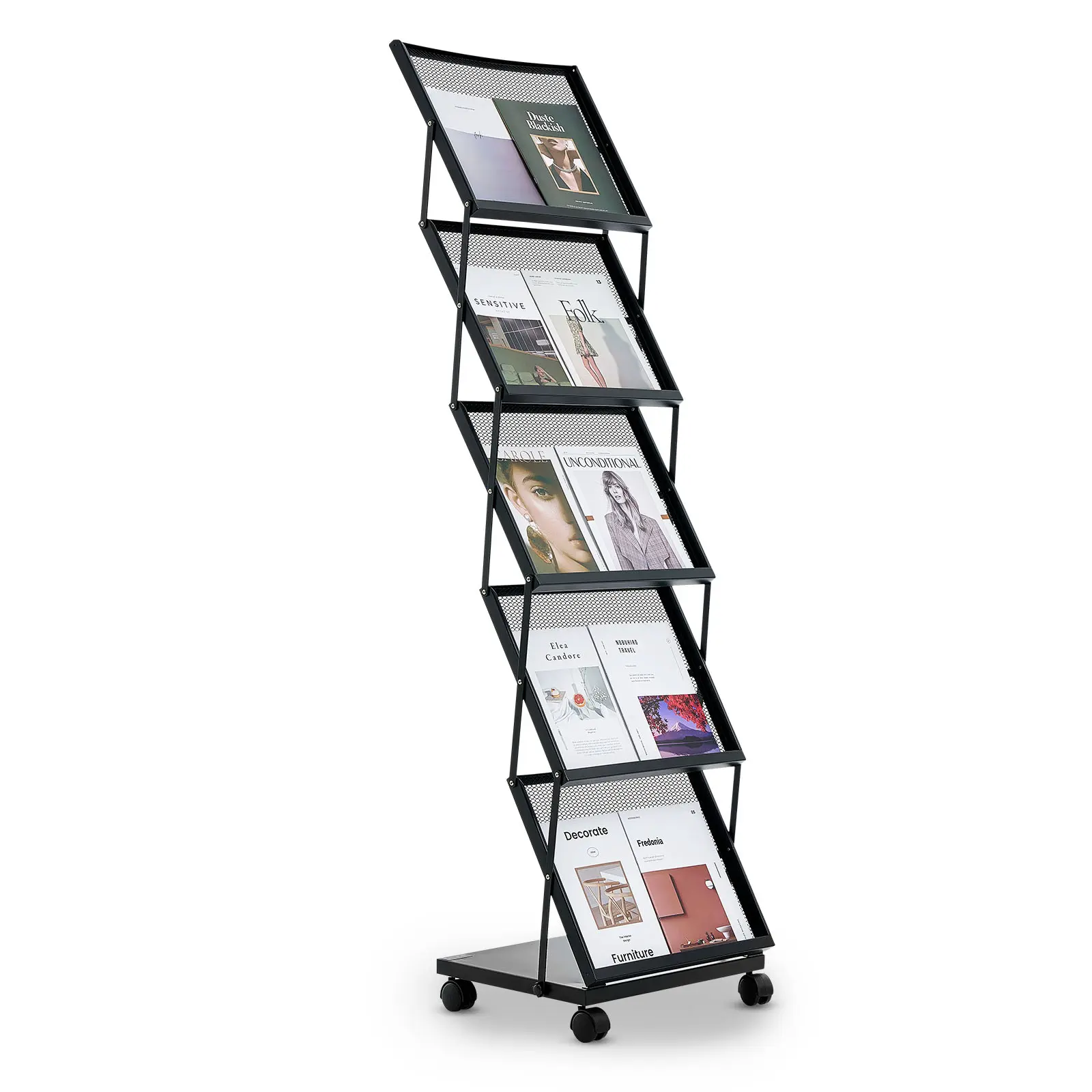 VEVOR Thickened Metal Magazine Rack Organiser - Sturdy, Smooth, Corrosion-Resistant 5-Layer Adjustable Compartment, Foldable 5-Pocket Floor-Standing Literature Display Stand with 2 in Casters & Brakes for Office, Shops