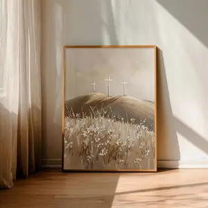 He Is Risen Three Crosses on Calvary, Printed Poster, Easter Christian Wall Art, Religious Faithful Gift, Neutral home church wall decor