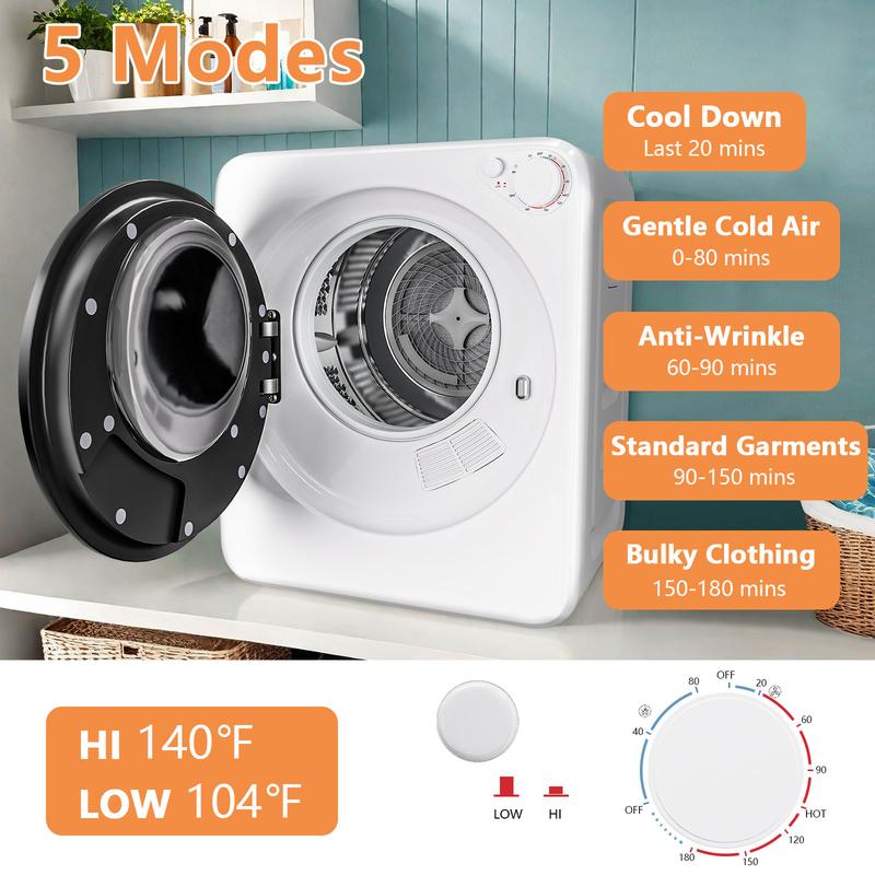 DollarDash 1.6 Cu.Ft Portable Clothes Dryer, 800W Fast Drying Front Load Laundry Dryer with 5 Mode, Mini Electric Clothing Dryer with Stainless Steel Tub, Compact Machine for Apartment, Home, Dorm