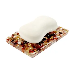 Rain Flower Stone Soap Stand,Soap Holder Decorative Resin Tray with Pebbles Multi-Color Bathroom Vanity Organizer