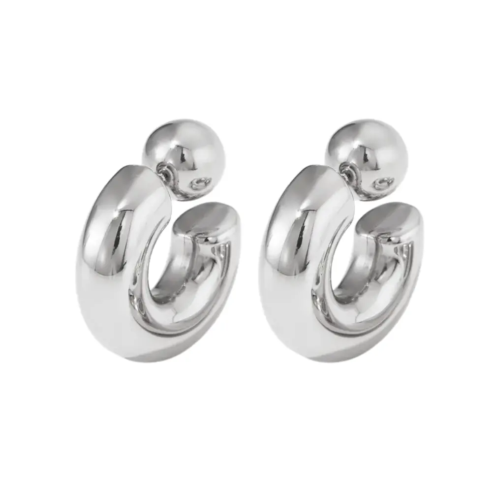 C-Shaped Ball End Hoop Earrings - Pair - Stainless Steel