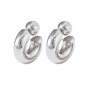 C-Shaped Ball End Hoop Earrings - Pair - Stainless Steel