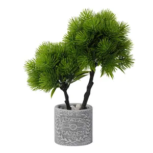 Artificial Pine Bonsai Tree - Fake Topiary Ball in Vintage "Flowers & Garden" Cement Pot for Home Office Zen Decor | No Watering Needed， Greenery for Desk, Shelf & Bathroom Aesthetic Decor