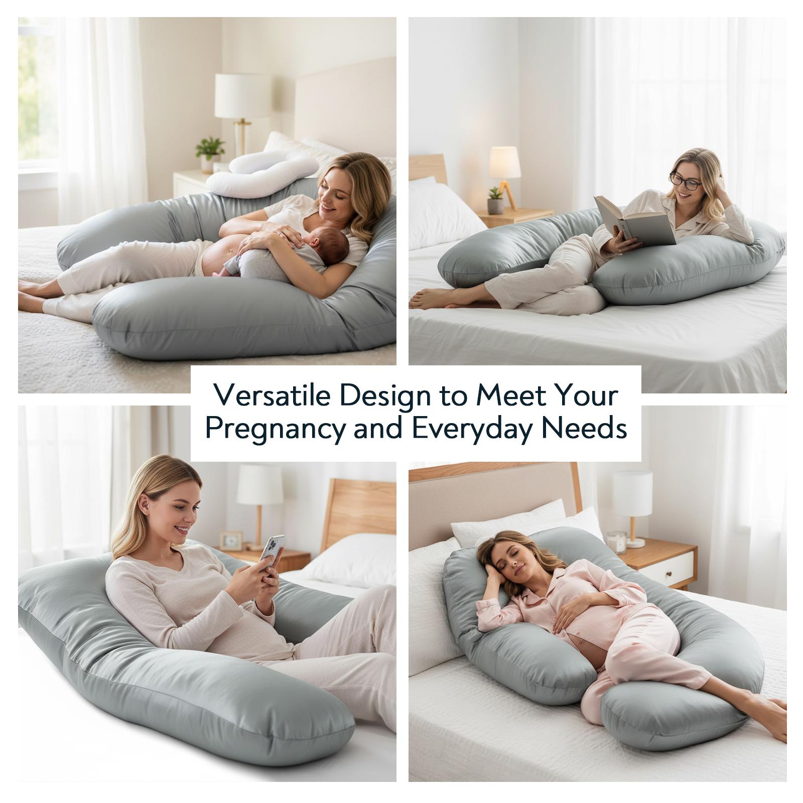 Cooling Satin Pregnancy Pillow with Removable Silky Luxurious Cover, 60 Inch Cozy J-Shape Full Body Maternity Pillows Nursing Pillow Gifts for Pregnant Women Side Sleepers Sleeping Abdominal Lumbar Neck Back Leg Support, Solid Grey #TiktokShopSpringGlowUp
