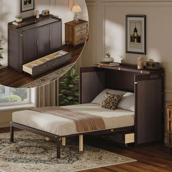 Multifunctional Murphy Bed Cabinet with USB Charging Station, Twin Size Vertical Foldaway Bed with Drawers, Space Saving Hidden Wall Bed with Safety Lock & Anti-Tip Device, Coffee