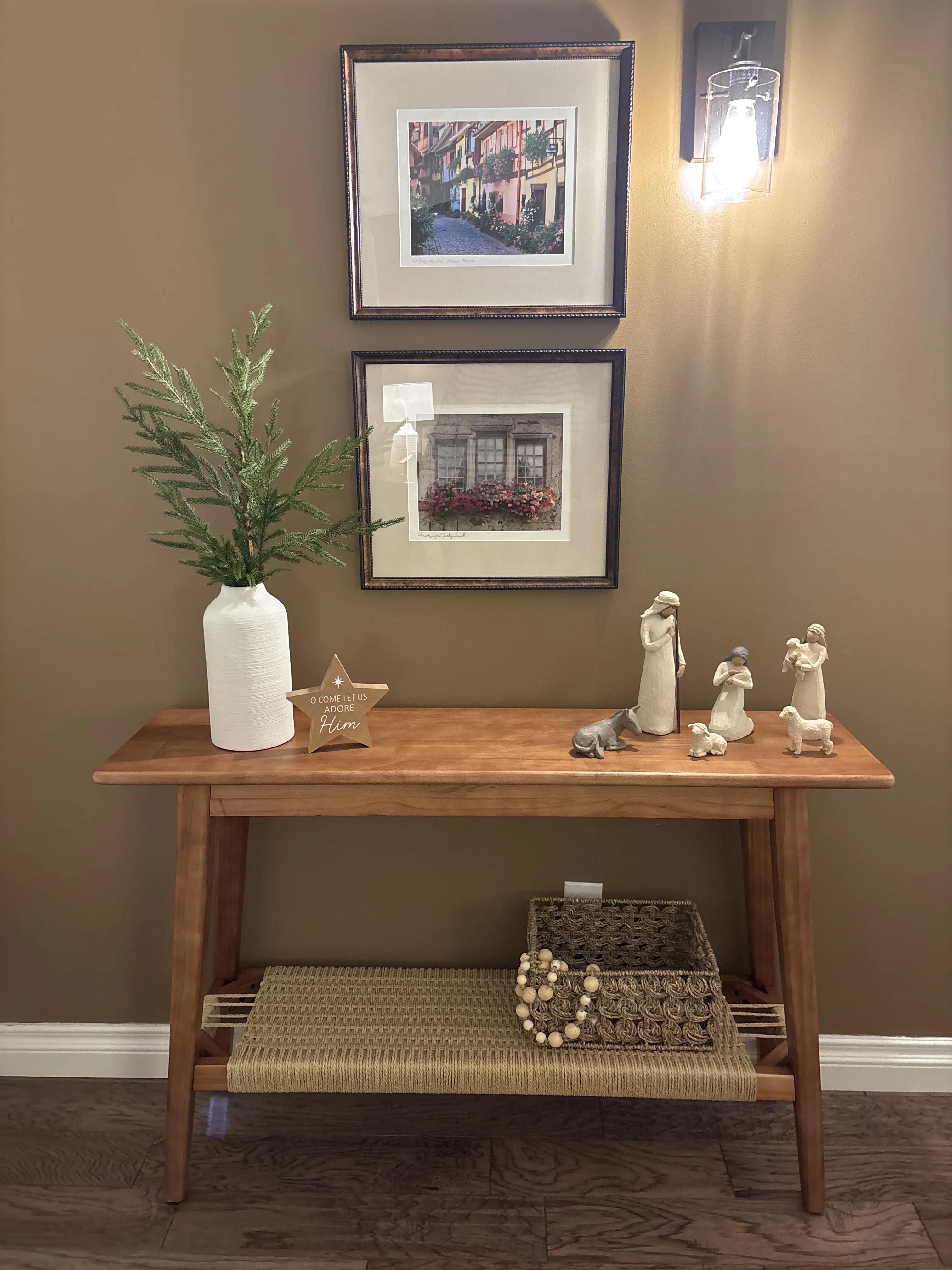 DAYALANE Karen Storage Console Table 46'' with Woven Shelf - Solid Wood, Modern Walnut Entryway Table, Hallway Accent Table for Living Room & Bedroom