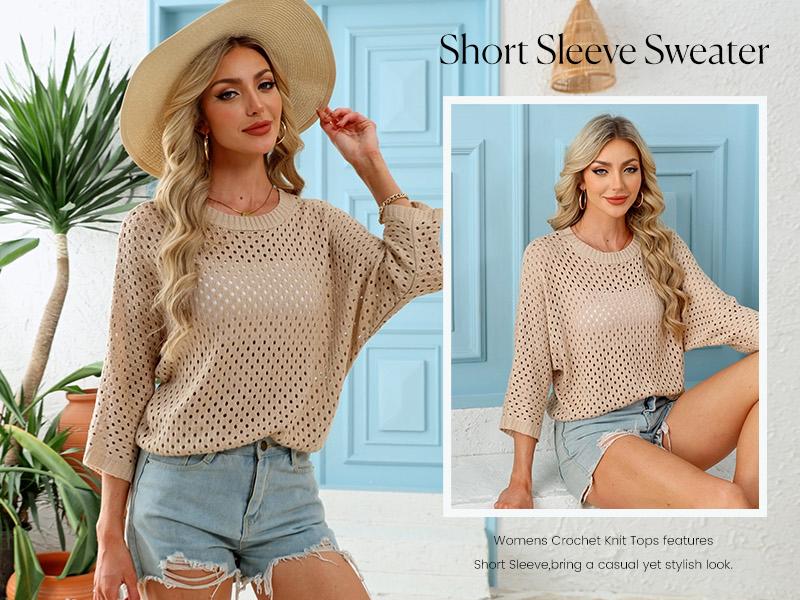 Shewin 2026 Spring/Summer Women's Oversized Hollowout Sweater Breathable Cut-Out Round Neck Half Sleeve Tunic Top for Daily & Vacation Casual Wear SpringStatements