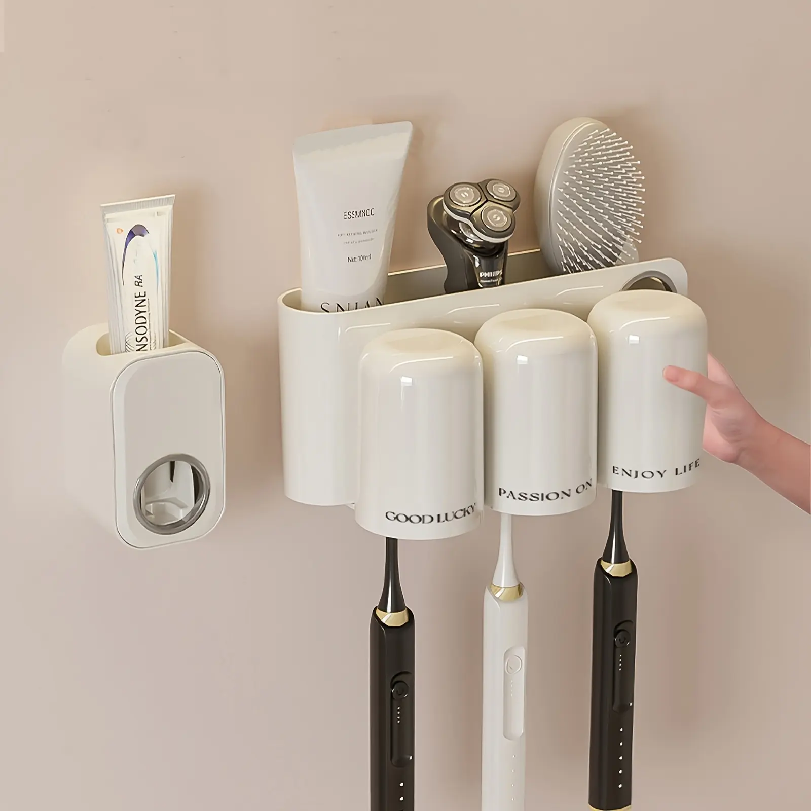 Cream White Plastic Automatic Toothpaste Dispenser 2/3 Cup Bathroom Organizer Set - 2-Person Capacity, Modern Damage-Free Rack, No-Drill Waterproof Adhesive Base, Large Storage Tray, Wall-Mounted (Sports & Outdoor Fitness Suspension Trainer Accessory)