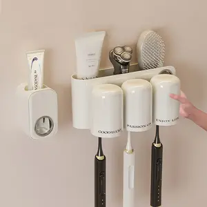 1 Set Cream White No-Drill Wall Mounted Toothbrush Holder, Automatic Toothpaste Dispenser with Large Storage Tray, 2/3 Cup Bathroom Organizer, Waterproof Strong Adhesive Damage-Free Rack, Modern Stylish Bathroom Accessories