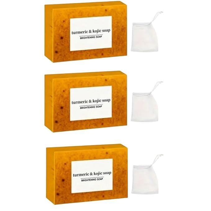 Turmeric & Kojic Soap 3 PCS Set Natural Handmade Brightening Soap Bars for Face & Body Smooth Skin Deep Cleansing for Men & Women