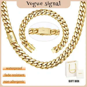 14K Gold-Plated Necklace & Bracelet Set – 6-14mm Sizes, Waterproof, Rust-Resistant, Fade-Proof, Unisex Fashion Jewelry, Perfect Gift men hip hop