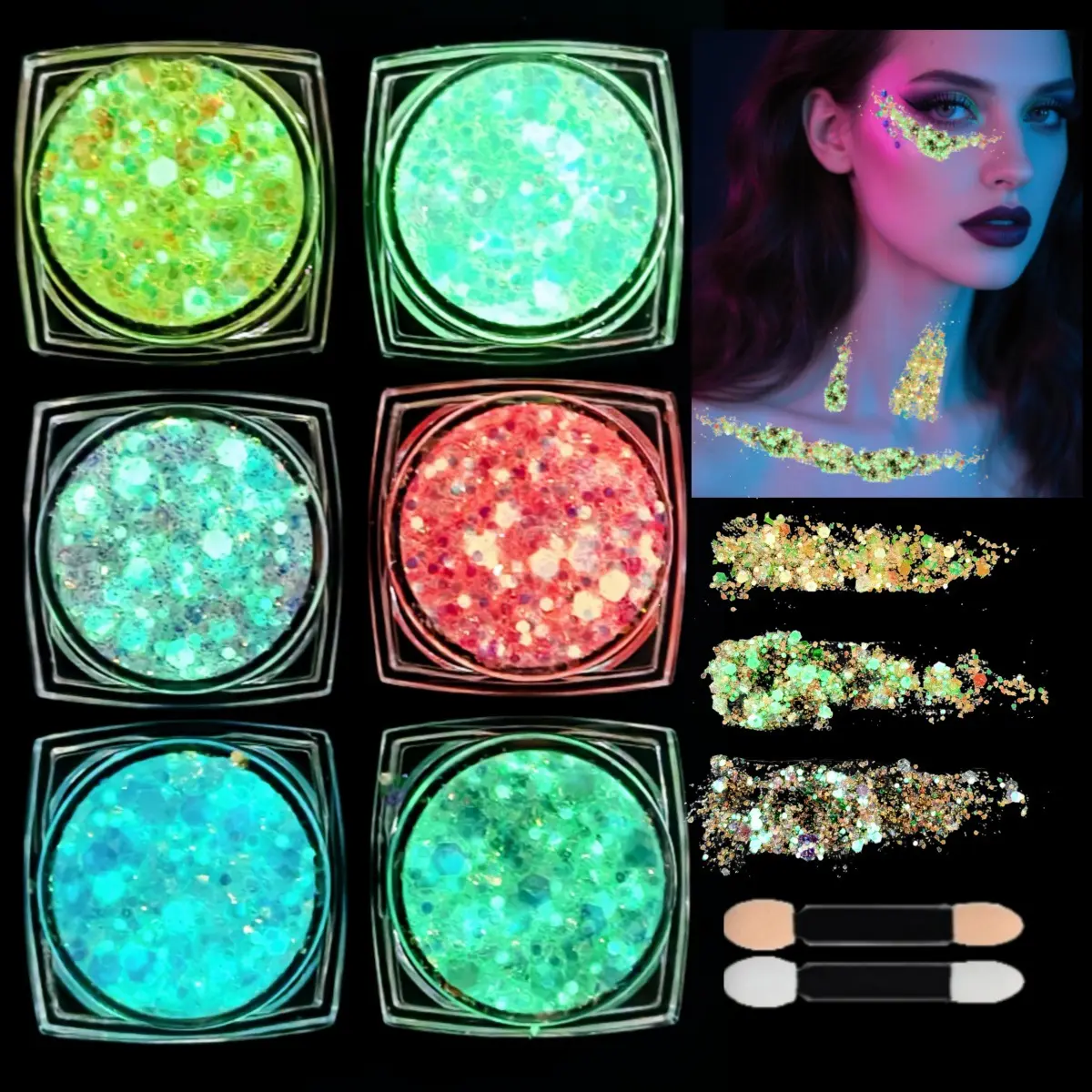 6-Color Glow in the Dark Face and Body Glitter Gel, Self-Adhesive Fluorescent Makeup for Festivals and Halloween Parties for Youth and Beauty Lovers, Face Paint, Glitter Stick Body Makeup, Glamorous Body Makeup