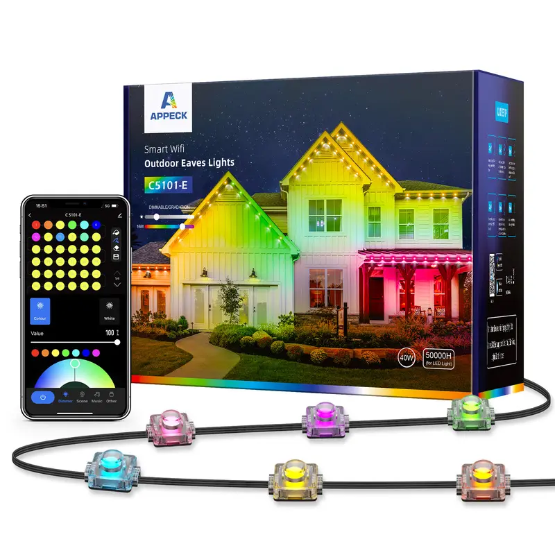 Appeck Permanent Outdoor Lights 100ft, Smart RGB LED Eaves Lights with 75 LEDs, IP65 Waterproof, 54 Scene Modes for Party, Daily, Halloween, Christmas, Roof, Garden, Patios
