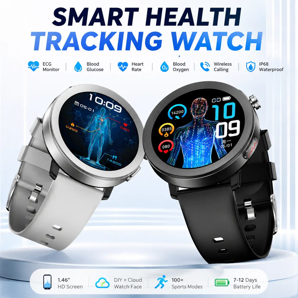 Round Metal Sports Technology Smart Wristwatch Monitor - 1.46" HD Display, ECG Readout, Bluetooth Calling, IP68 Waterproof Fitness Tracker with Remote Features for Android iOS, Tracks Blood Sugar Trend, BP, SpO2, HRV, Body Fat, BMI Back to School, Devices